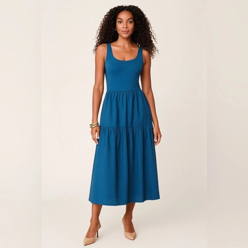 J Crew Fac NWT Tiered Knit Mixy Midi Dress Size XXS Blue Pockets Casual